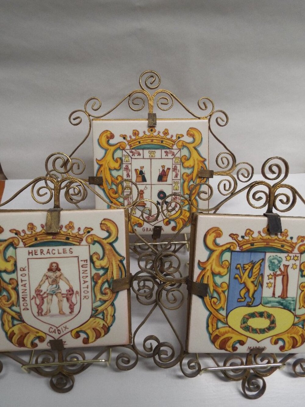 VINTAGE Set of 3 Decorative Spanish Tiles set in frame - Granada, Madrid & Cadiz
